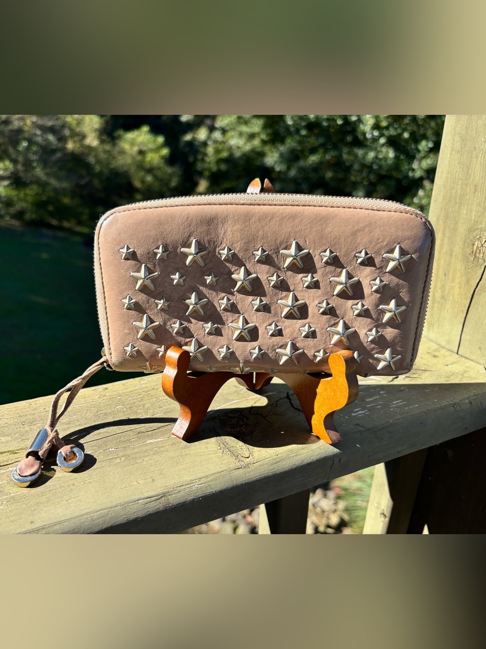 Jimmy Choo Studded Star Zip Wallet - Taupe Leather